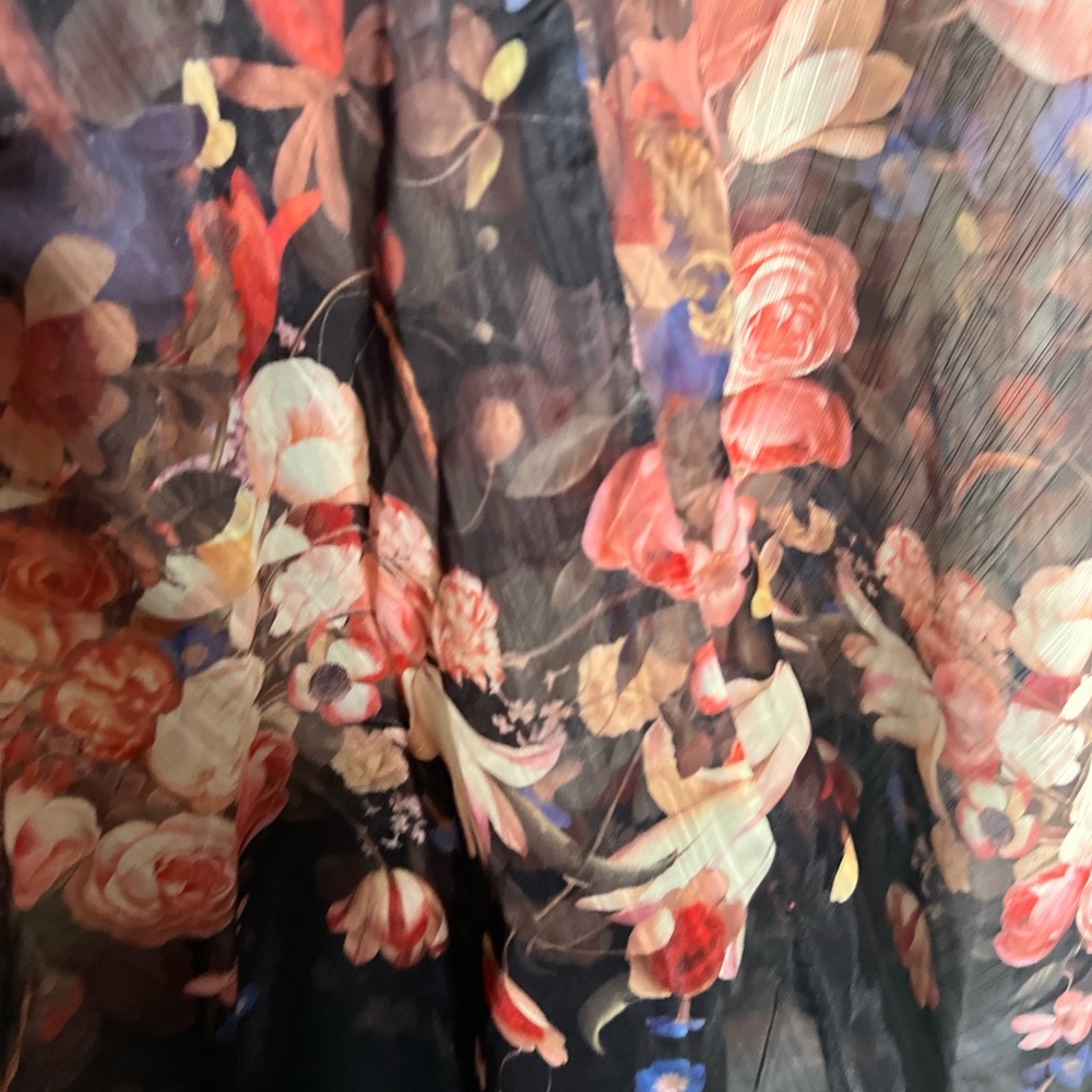 Black Multicolor Floral Sheer Midi Dress Floral Applique Hi-Neck Flare Women XL - Picture 8 of 14